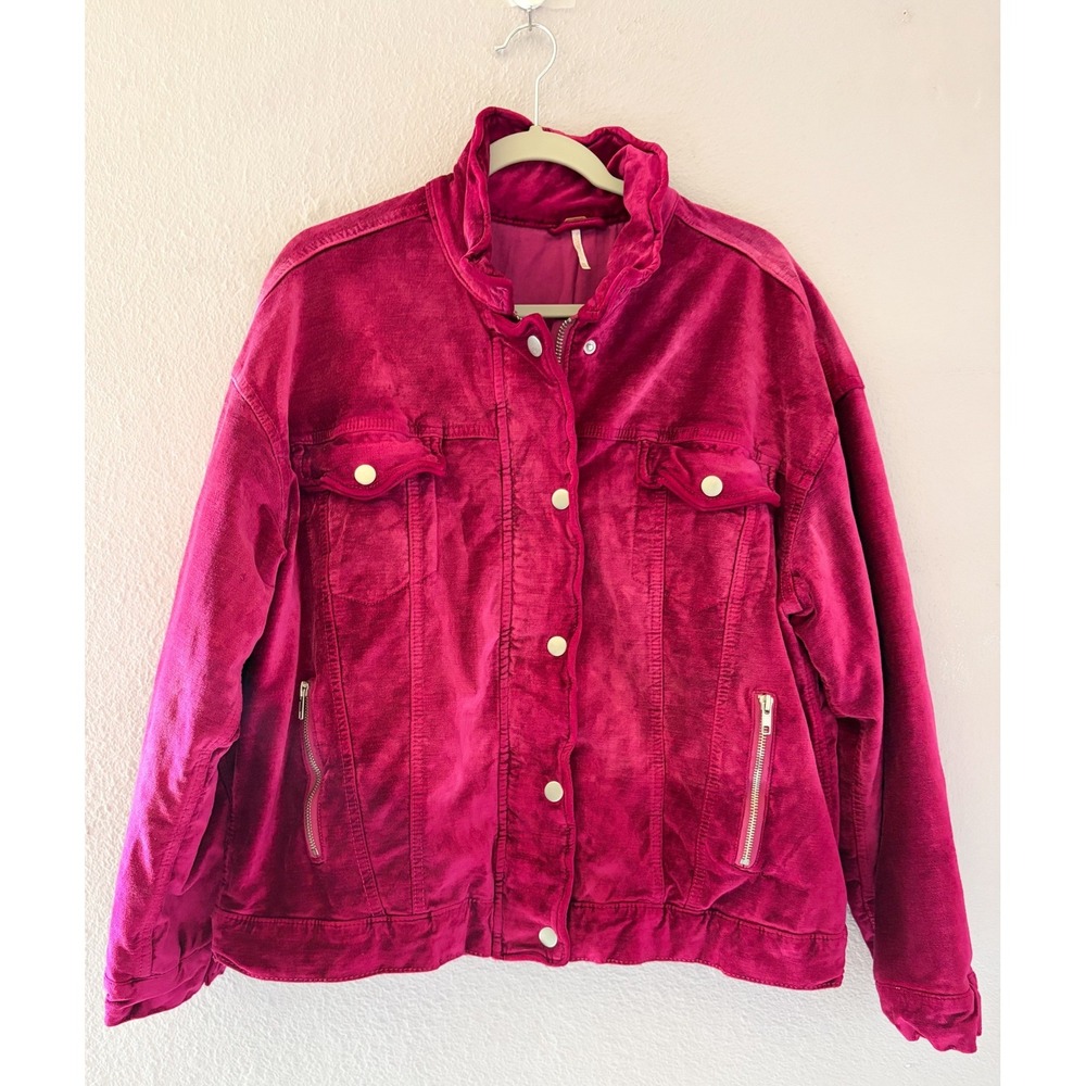 Free People Velvet Trucker Jacket Magenta Pink M/L Retro Boho - Picture 2 of 5